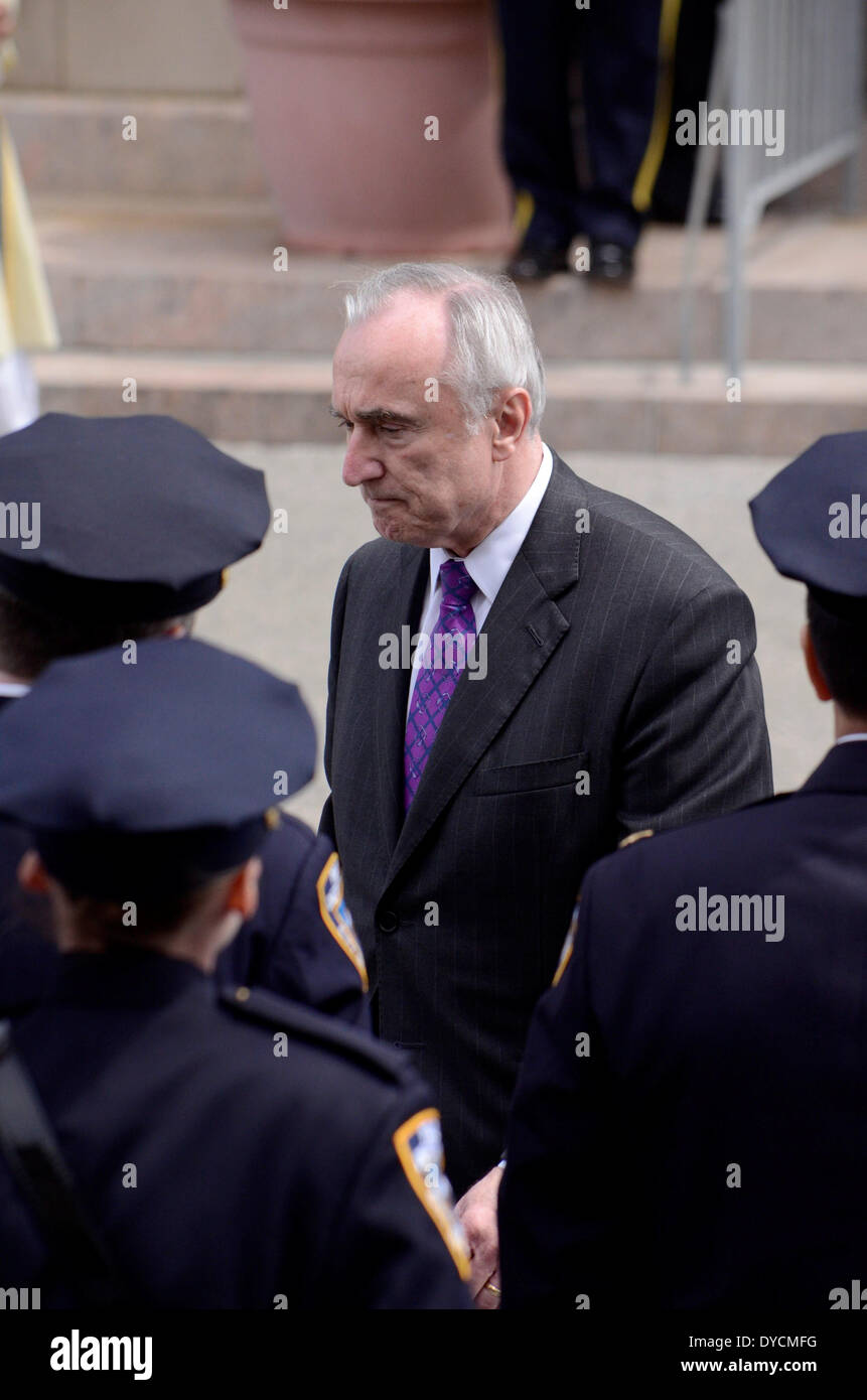 St Rose of Lima RC, NY, USA. 14th April, 2014. Police Commisioner NYPD, William Bratton at Funeral of PO Guerra, NYPD officer killed in fire in Coney Island housing project  Credit:  Glenn Images/Alamy Live News Stock Photo
