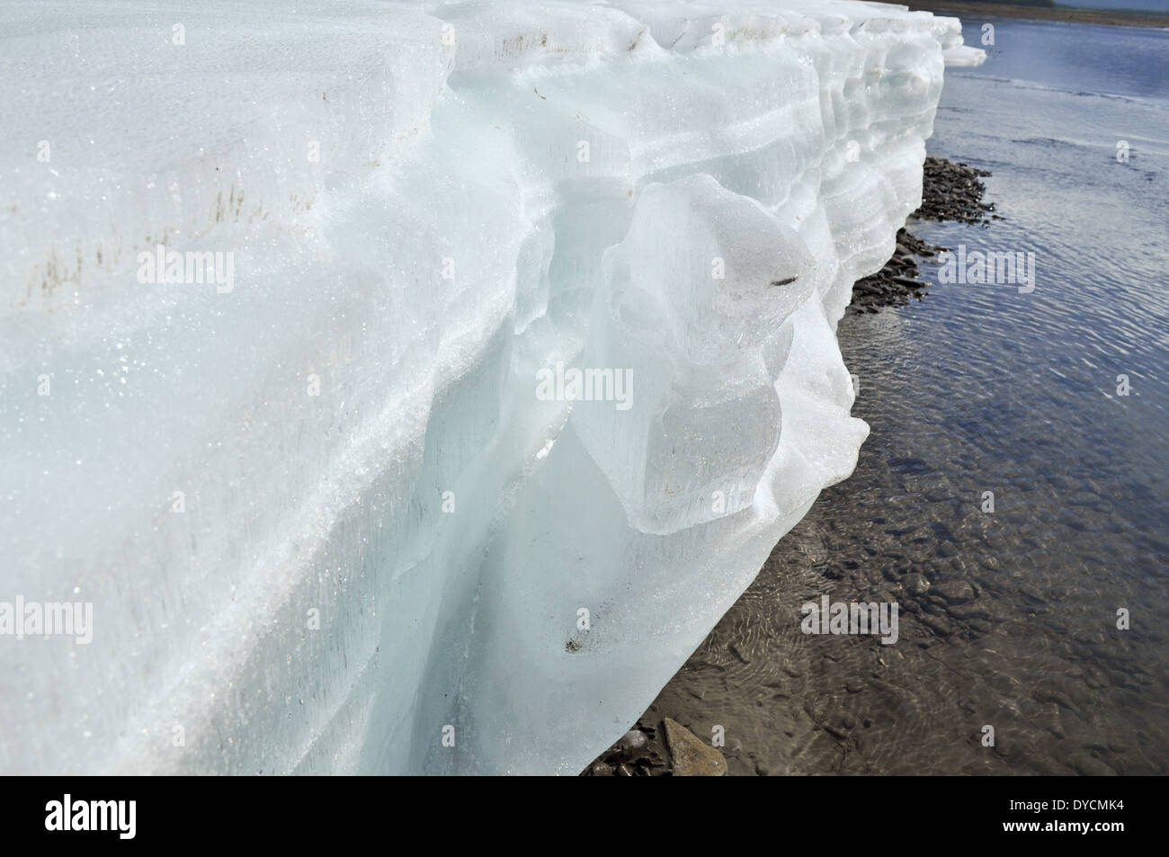 Summer, glaciers, ice. Riverbed Yakut rivers ice does not melt even in