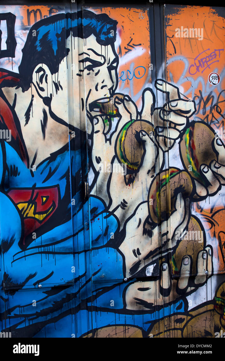 Superman Eating Burgers, Trastevere, Rome, Italy Stock Photo
