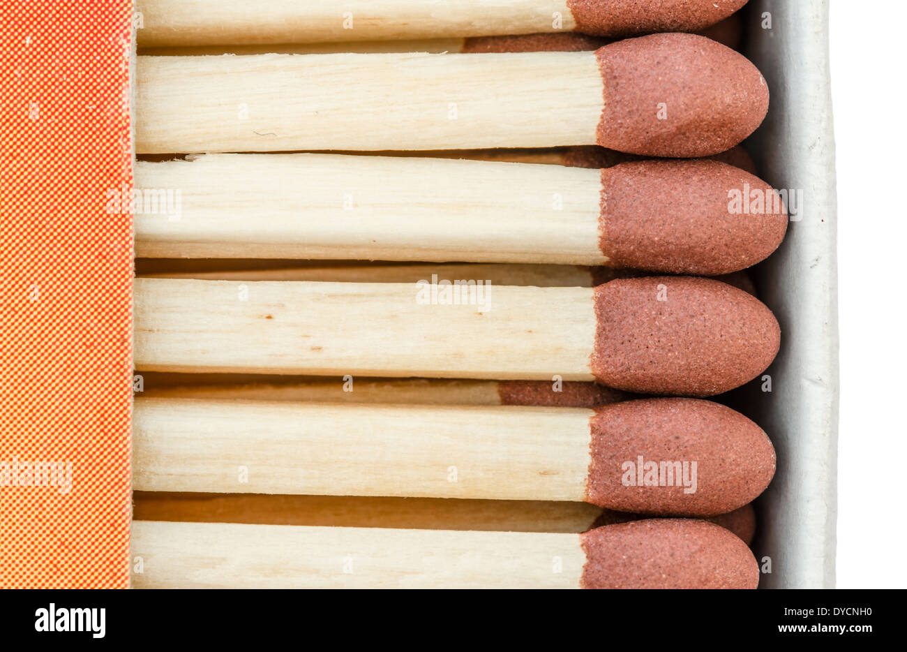Safety matches. Long safety matches in an open match box. Stock Photo