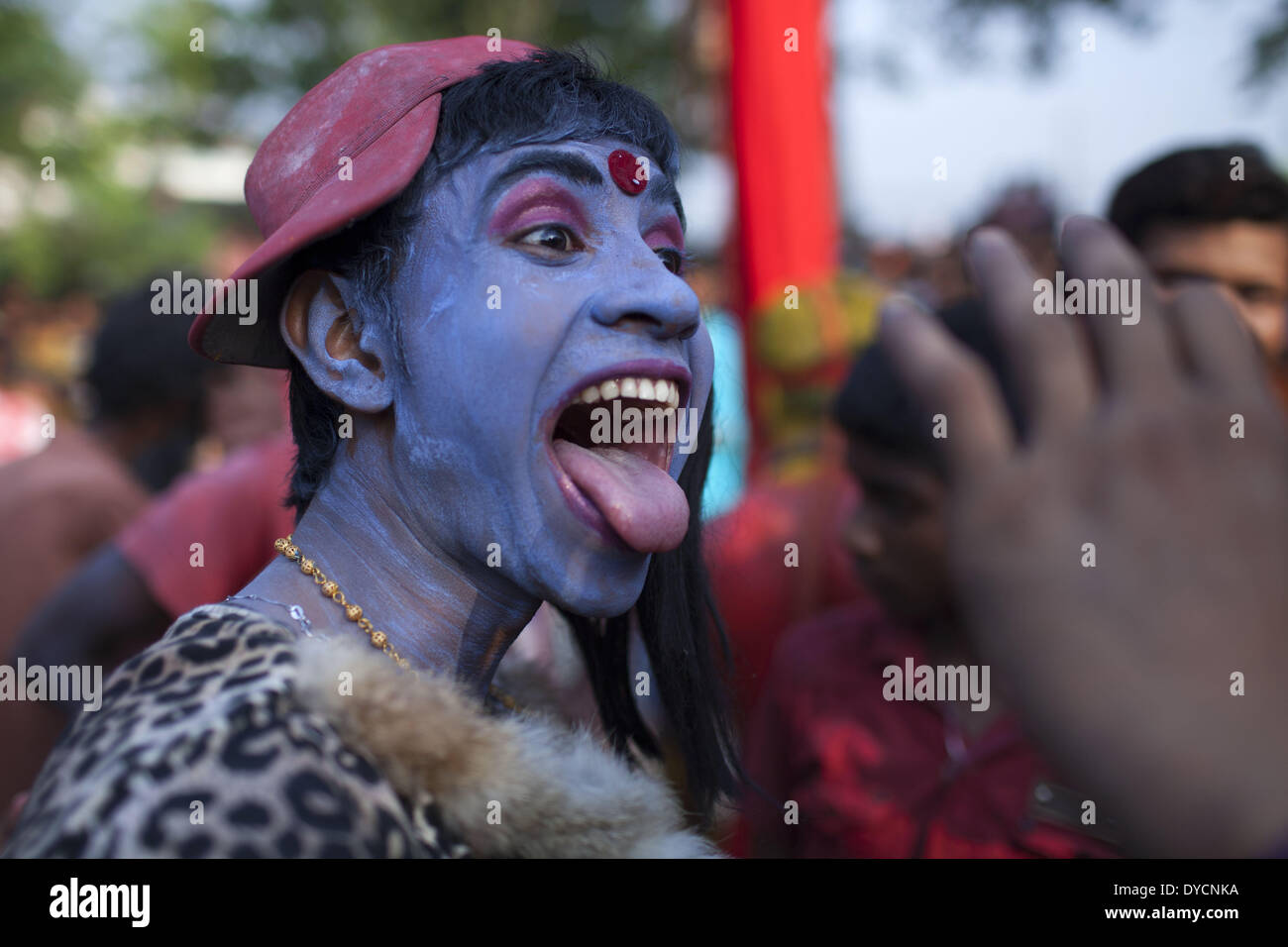 Bangladesh. 14th Apr, 2014. A group of Hindu devotees perform the rituals of Charak Puja. It is a very enchanting folk festival of Southern Belt of Bangladesh and West Bengal. It is also known as ''Nil Puja''. The believers of Hindu religion celebrate this on the last day of the Bengali month of the year (Chaitra Songkranti). People believe that the festival will carry prosperity by eliminating the sorrow and sufferings of the previous year. The festival is actually a festival to satisfy ''Lord Shiva'', the great ''Debadideb'' of Hindu Religion. (Credit Image: © Probal Rashid/NurPhoto/ZUMAPR Stock Photo