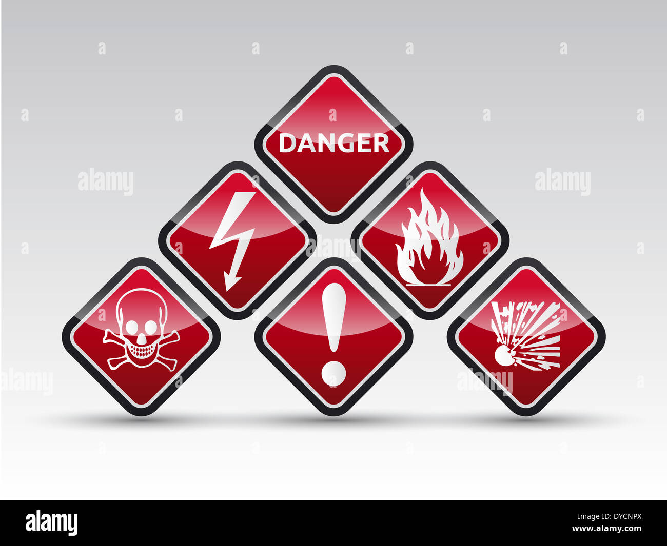 Isolated red Danger sign collection with black border, reflection and shadow on light background Stock Photo