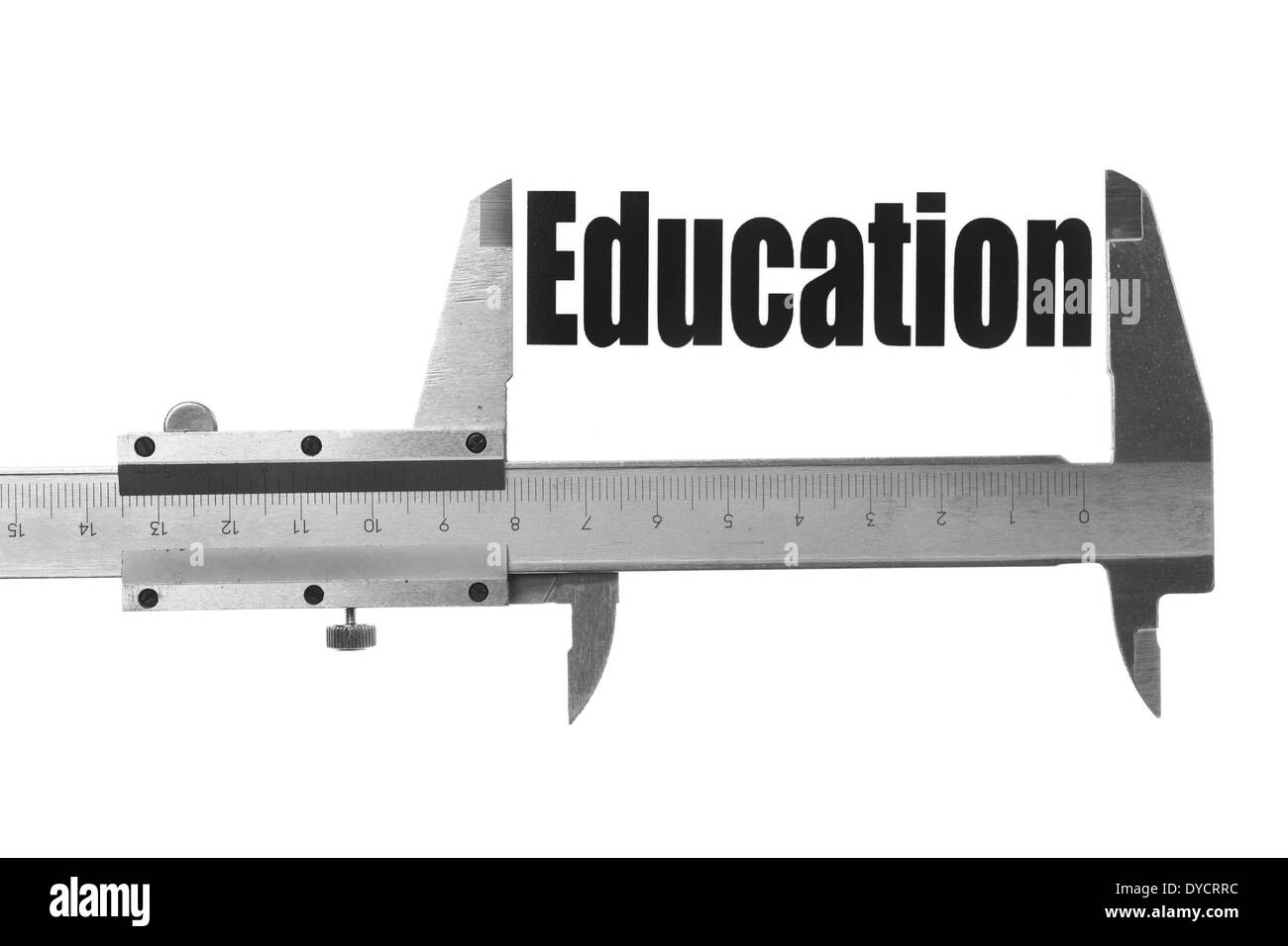 Picture of a caliper measuring the word "Education Stock Photo Alamy