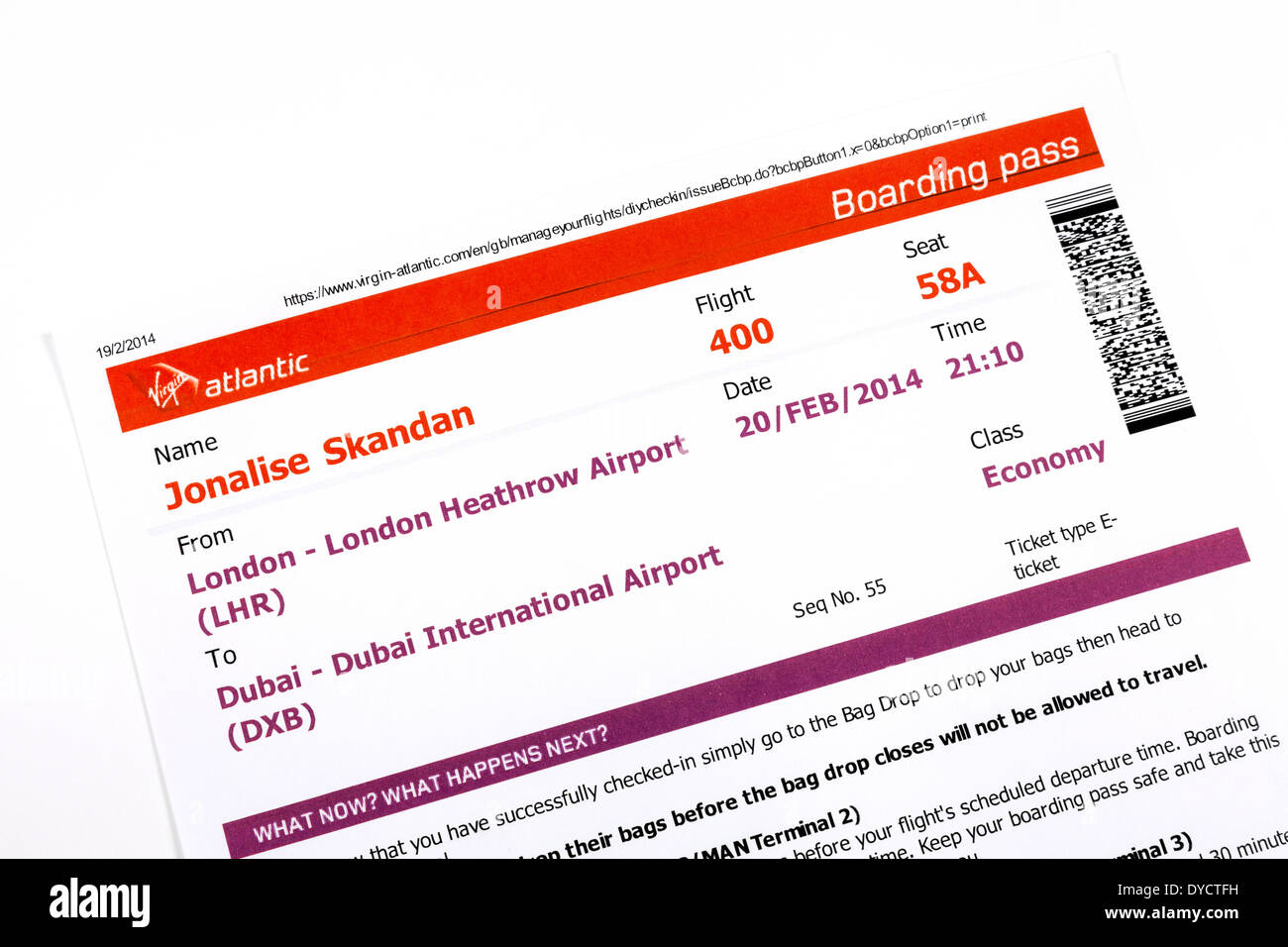 Boarding pass for Virgin Atlantic airline flight from London UK to Dubai, UAE Stock Photo