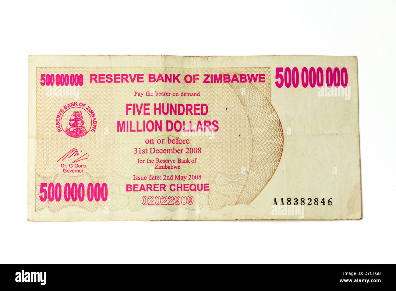 2008 Zimbabwe bank note for 500,000,000 dollars - concept of rampant inflation and poor economy Stock Photo