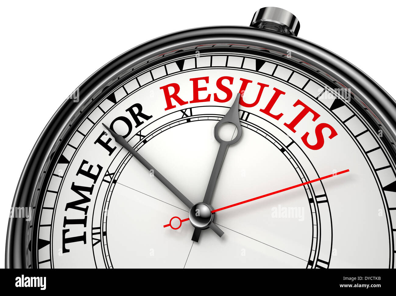 time for results concept clock on white background with red and black words.clipping path included Stock Photo