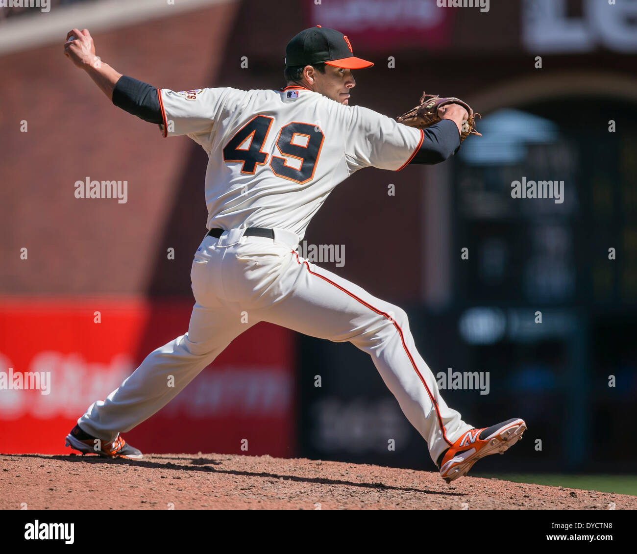 April 20, 2013: San Francisco Giants relief pitcher Javier Lopez (49) in action during the MLB baseball game between the Colorado Rockies and the San Francisco Giants at AT&T Park in San Francisco CA. The Giants defeated the Rockies 5-4. Damon Tarver/Cal Sport Media Stock Photo