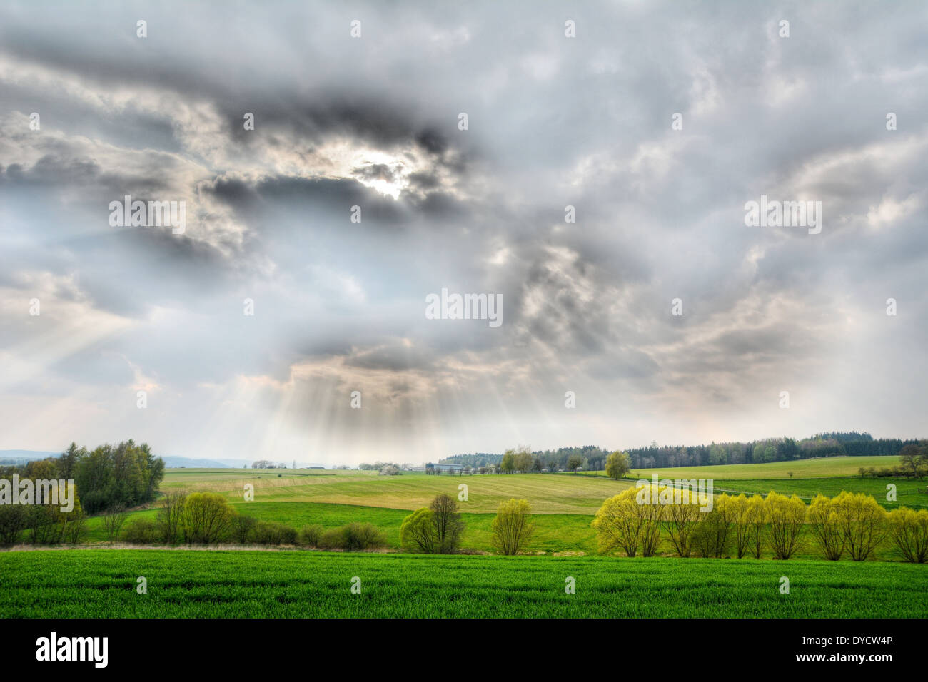 Nature panorama with shining sun behind the clouds. HDR effect Stock Photo  - Alamy, image size:1300x956