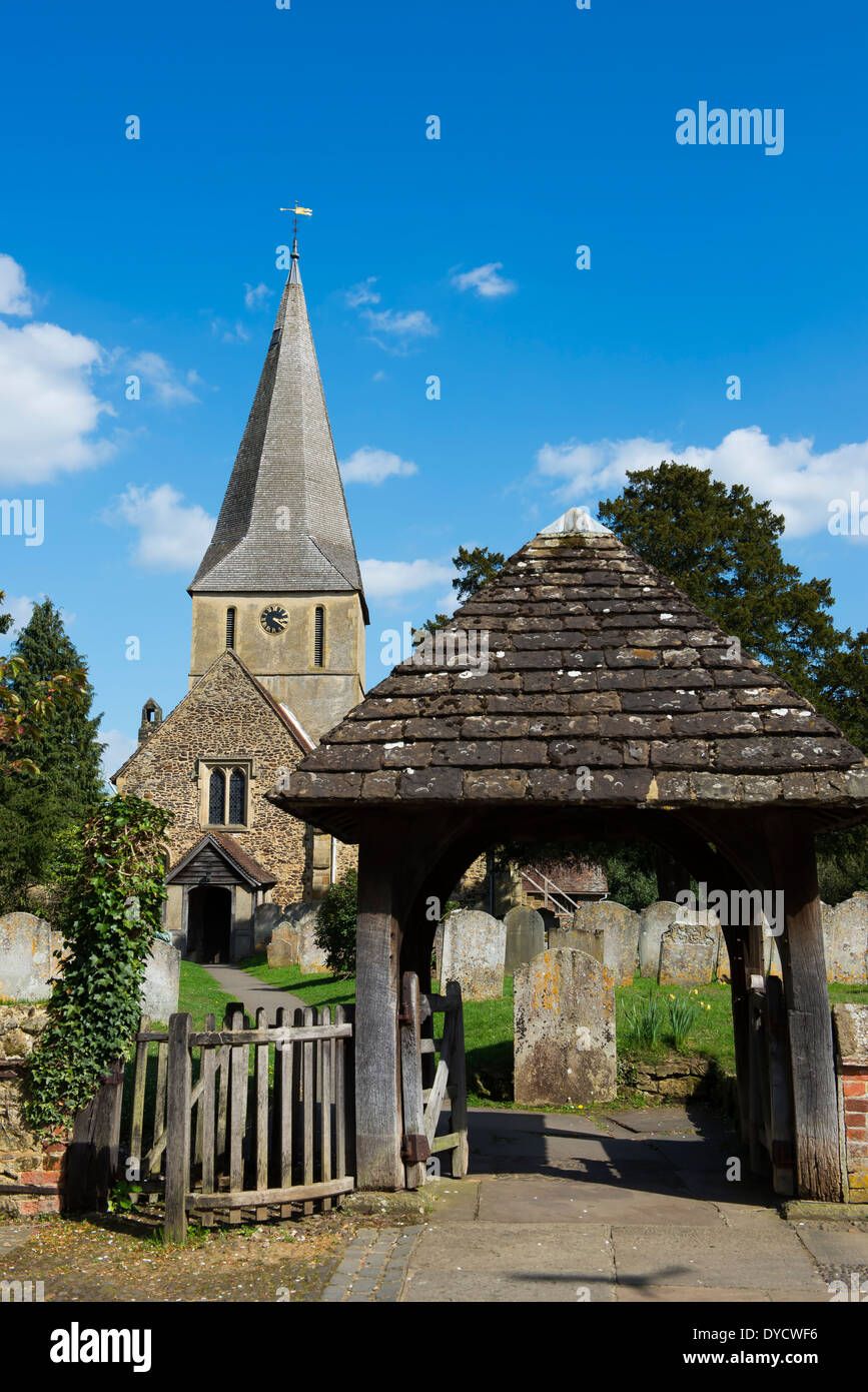 The Church of St James and lych gate in the village of Shere, Surrey, UK Stock Photo