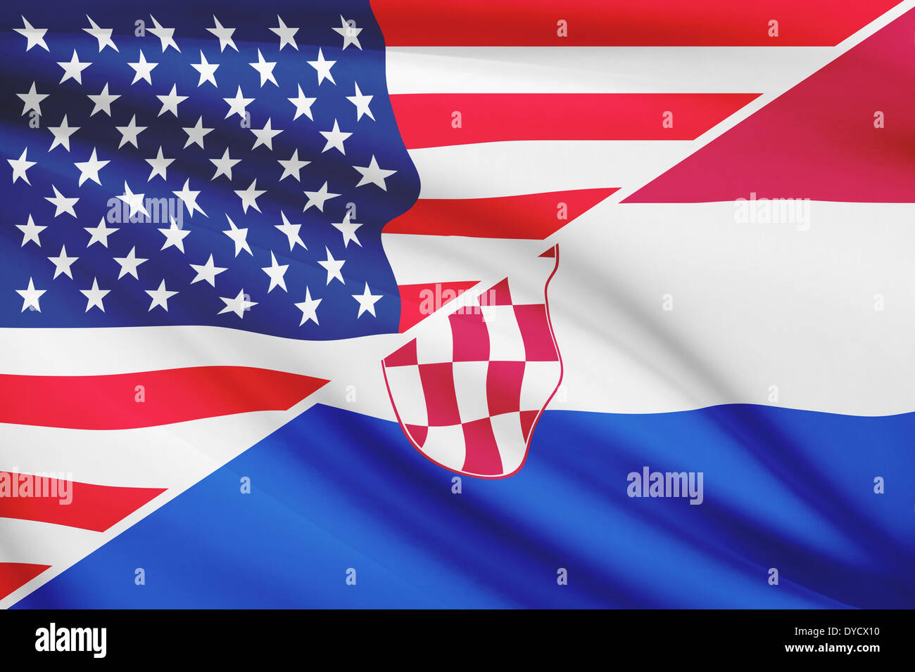 Flags of USA and Republic of Croatia blowing in the wind. Part of a ...