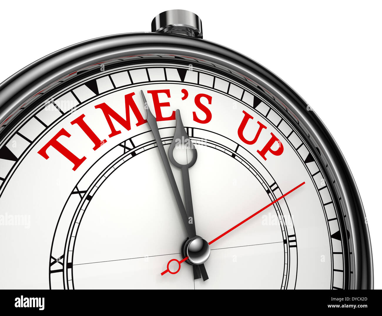 Time is up concept clock closeup isolated on white background with red