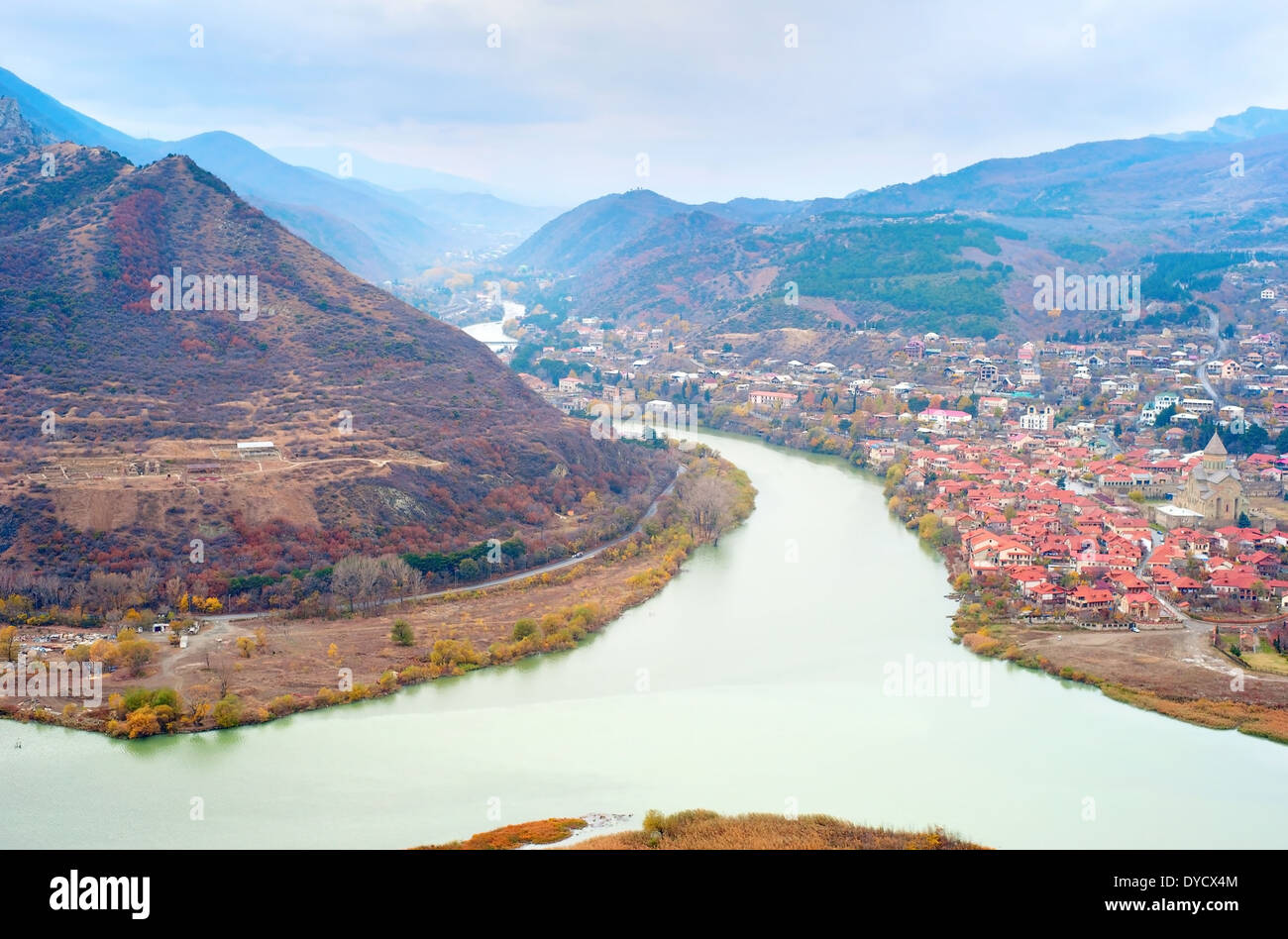 Old georgian town Mtskheta and Caucasus mountain range, Georgia Stock Photo