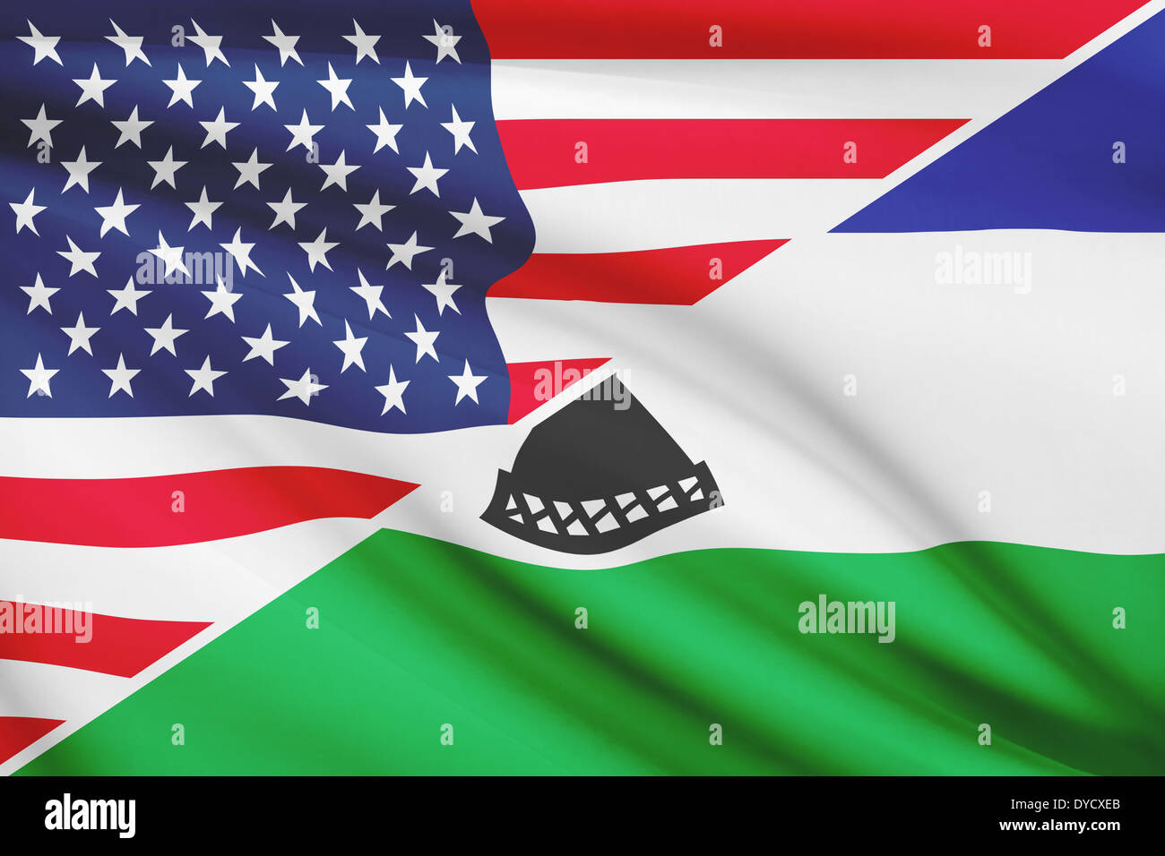 Flags of USA and Kingdom of Lesotho blowing in the wind. Part of a ...