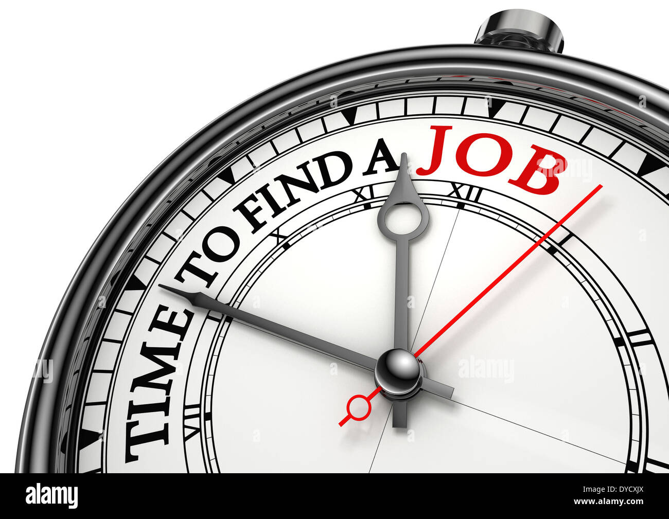 time to find a job concept clock closeup on white background with red and black words Stock Photo