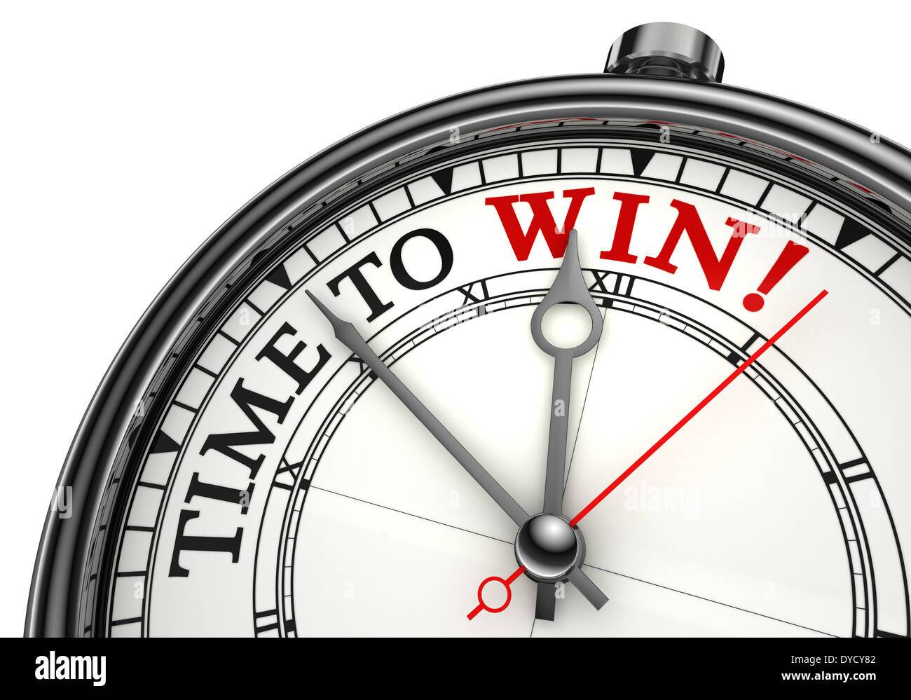 time to win concept clock closeup on white background with red and black words Stock Photo