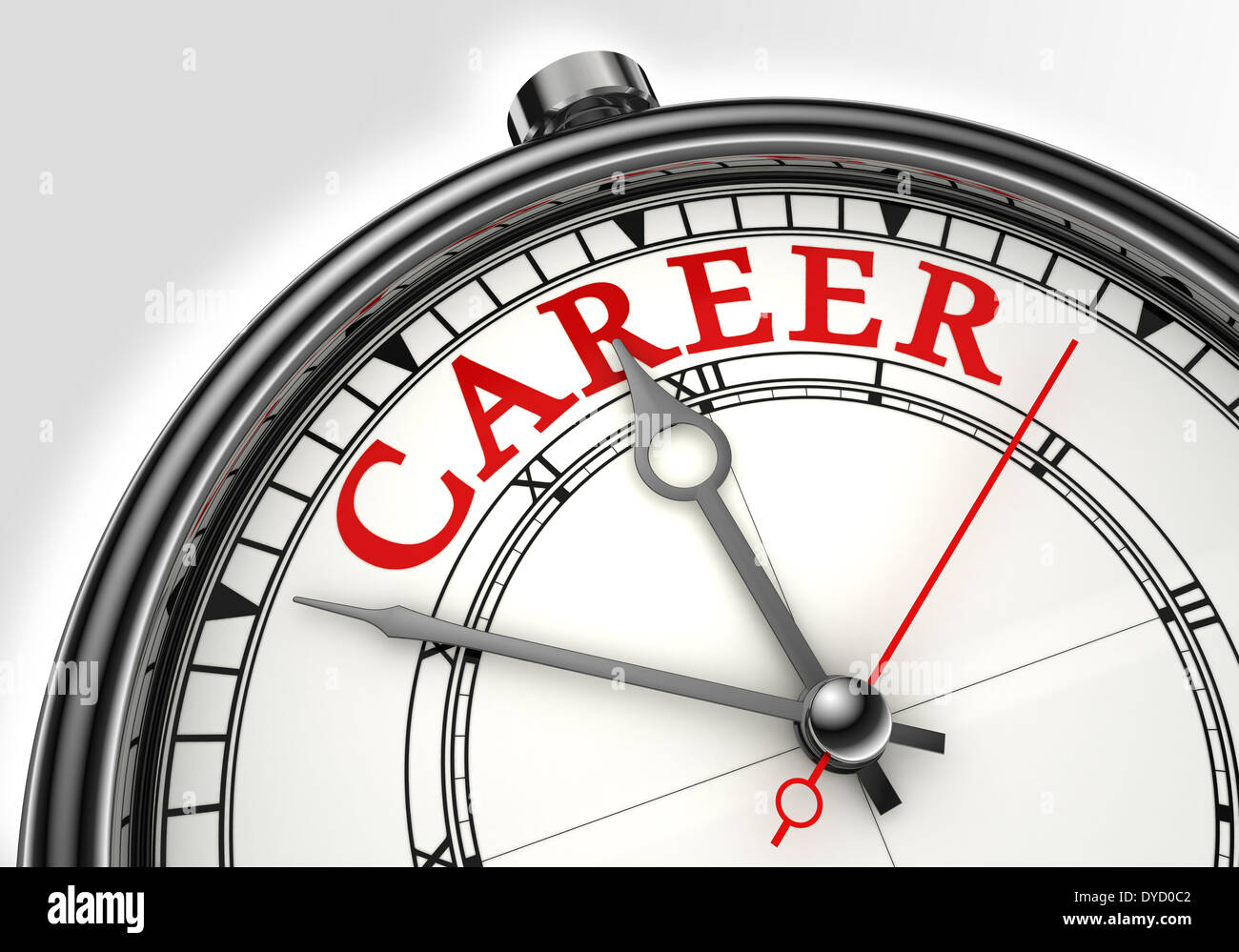 career concept clock closeup on white background with red and black