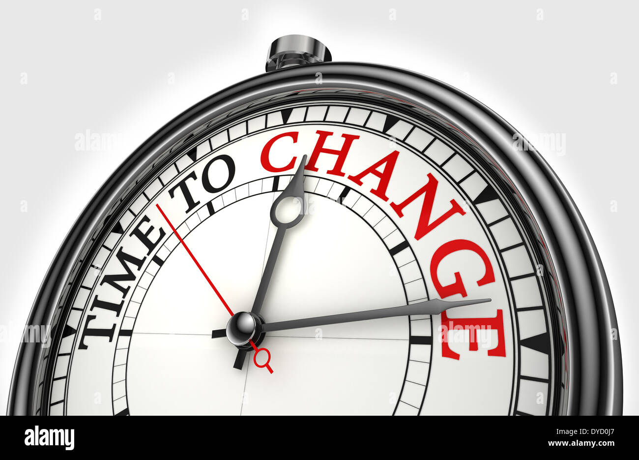 time to change concept clock closeup on white background with red and black words Stock Photo