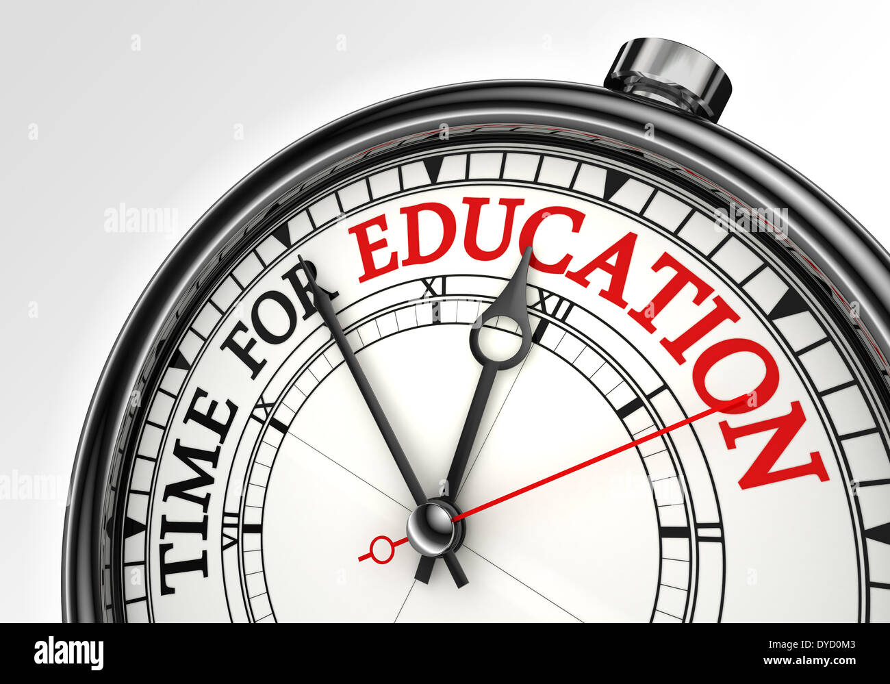 time for education concept clock closeup on white background with red and black words Stock