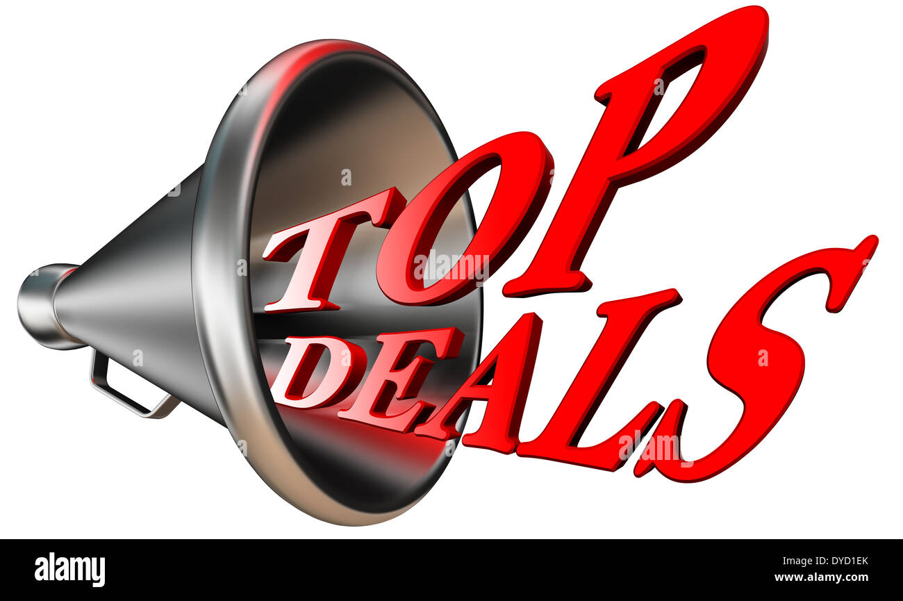 top deals red word in megaphone isolated on white background. clipping path included Stock Photo