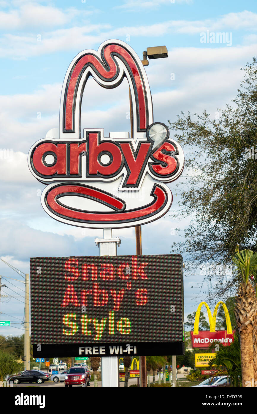 Naples Florida,Arby's,fast food,restaurant restaurants dining eating out cafe cafes bistro,sign,logo,McDonald's,burgers,hamburgers,franchise,competiti Stock Photo