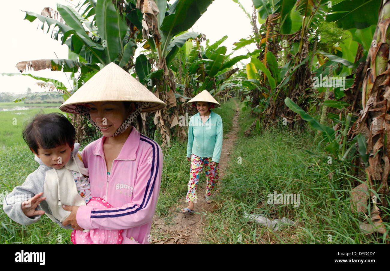 Women walk past a banana plantation in rural area of Ben Tre province, Vietnam Stock Photo