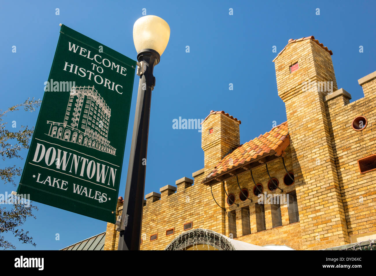 Lake Wales Florida,historic downtown district,Rhodesbilt Arcade,banner,visitors travel traveling tour tourist tourism landmark landmarks,culture cultu Stock Photo