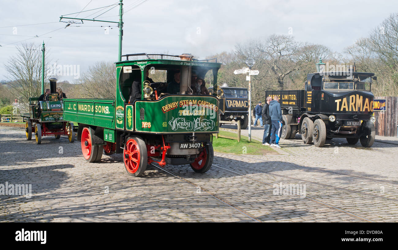 Group of four steam lorries Great North Steam Fair Beamish Museum north east England UK 2014 Stock Photo