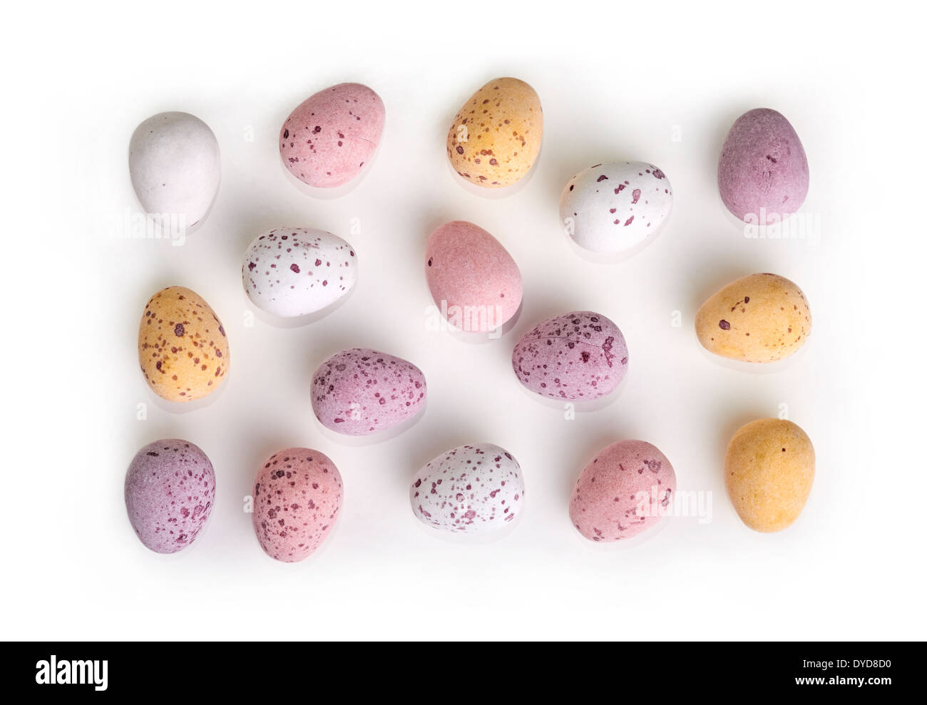 A selection of chocolate Easter Eggs with a candy crunchy shell on a