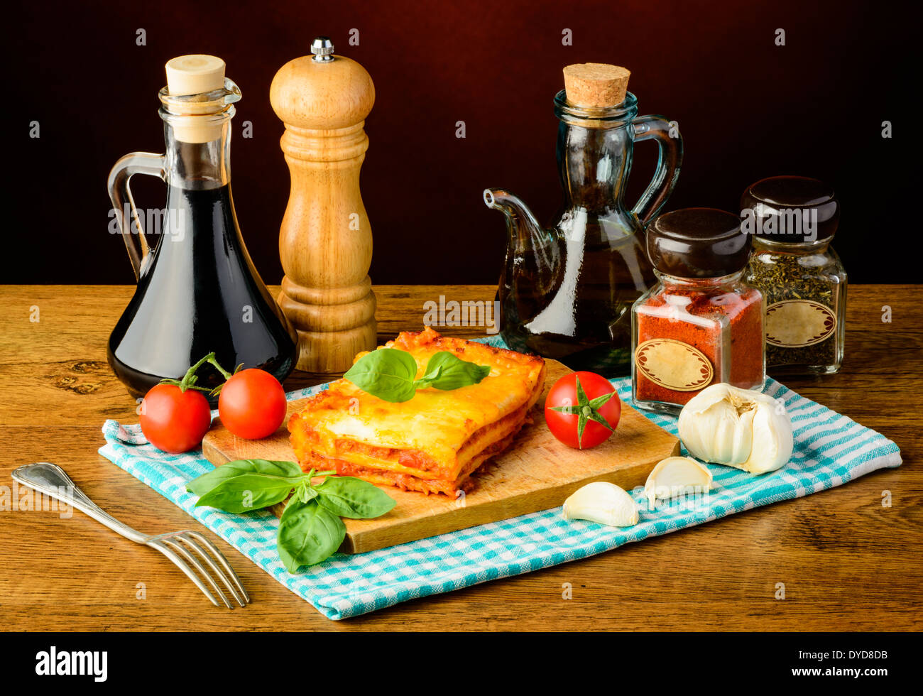 lasagne bolognese with ingredients, seasoning, herbs and spices Stock Photo