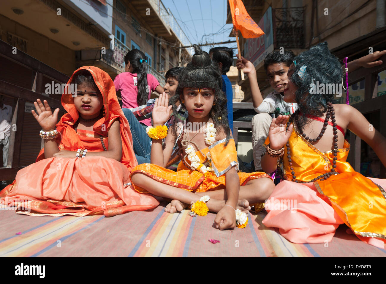 Jaisalmer, Rajasthan, India. 15th April, 2014. Children take part in the Hanuman Jayanti festival in the narrow streets of Jaisalmer, Rajasthan. The celebration occurs on the 15th day of the Shukla Paksha during the month of Chaitra in the Hindu calendar. Credit:  Lee Thomas/Alamy Live News Stock Photo