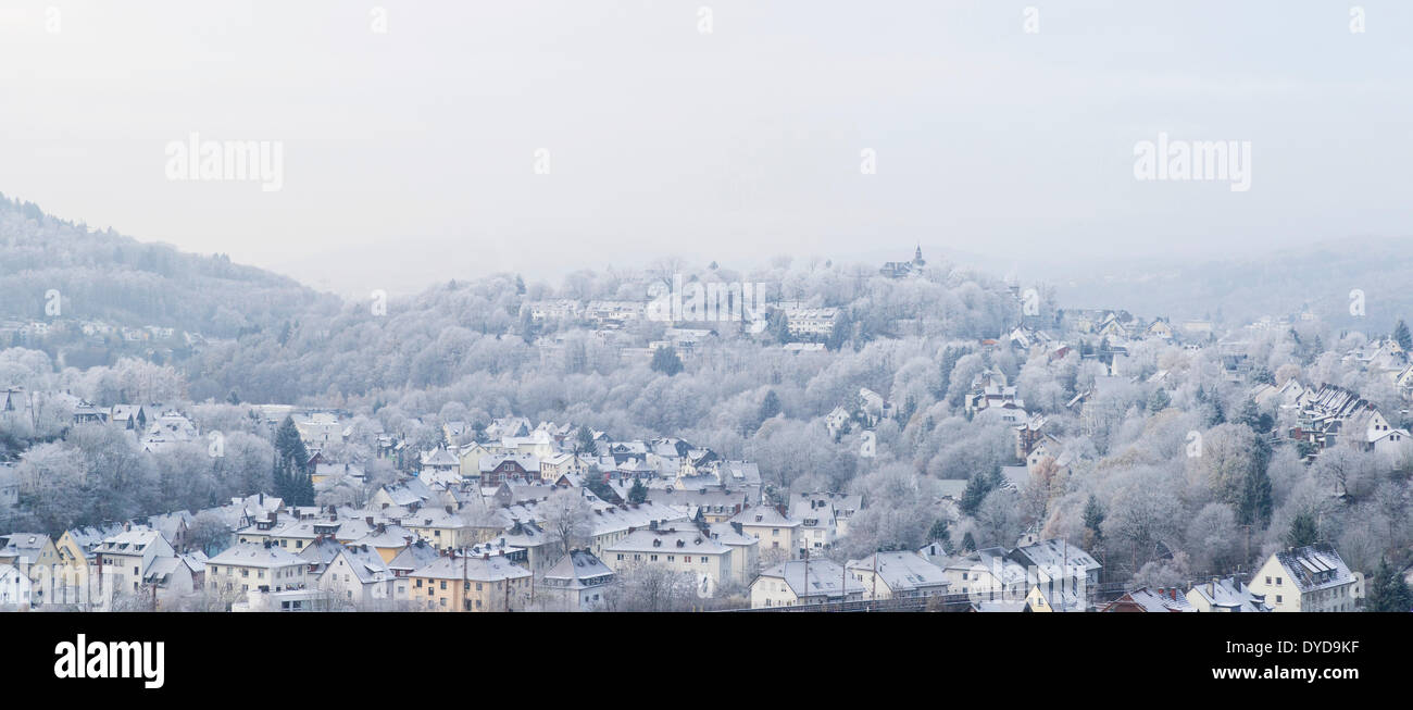 Panoramic view of Siegen with Oberes Schloss, Upper Castle, in winter, Siegen, North Rhine-Westphalia, Germany Stock Photo