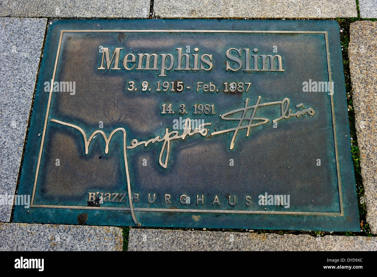 Plaque for the jazz musician Memphis Slim in the pavement of the 'Street of Fame', Burghausen, Upper Bavaria, Bavaria, Germany Stock Photo