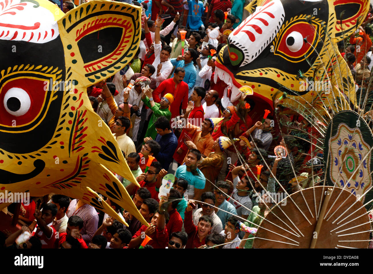 DHAKA, BANGLADESH - APRIL 14: Bangladeshi revelers march during a rally in celebration of the Bengali New Year, or “Pohela Boishakh”, in Dhaka. Pahela Baishakh, the first day of the Bangla month, can be traced back to its origins during the Mughal period when Emperor Akbar introduced the Bangla calendar to streamline tax collection while in the course of time it became part of Bangali culture and tradition. (Photo by Zakir Hossain Chowdhury/Pacific Press/Alamy Live News) Stock Photo