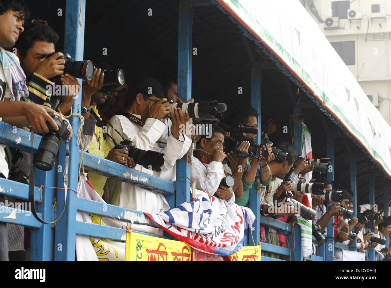 DHAKA, BANGLADESH - APRIL 14: Bangladeshi revelers march during a rally in celebration of the Bengali New Year, or “Pohela Boishakh”, in Dhaka. Pahela Baishakh, the first day of the Bangla month, can be traced back to its origins during the Mughal period when Emperor Akbar introduced the Bangla calendar to streamline tax collection while in the course of time it became part of Bangali culture and tradition. (Photo by Zakir Hossain Chowdhury/Pacific Press/Alamy Live News) Stock Photo