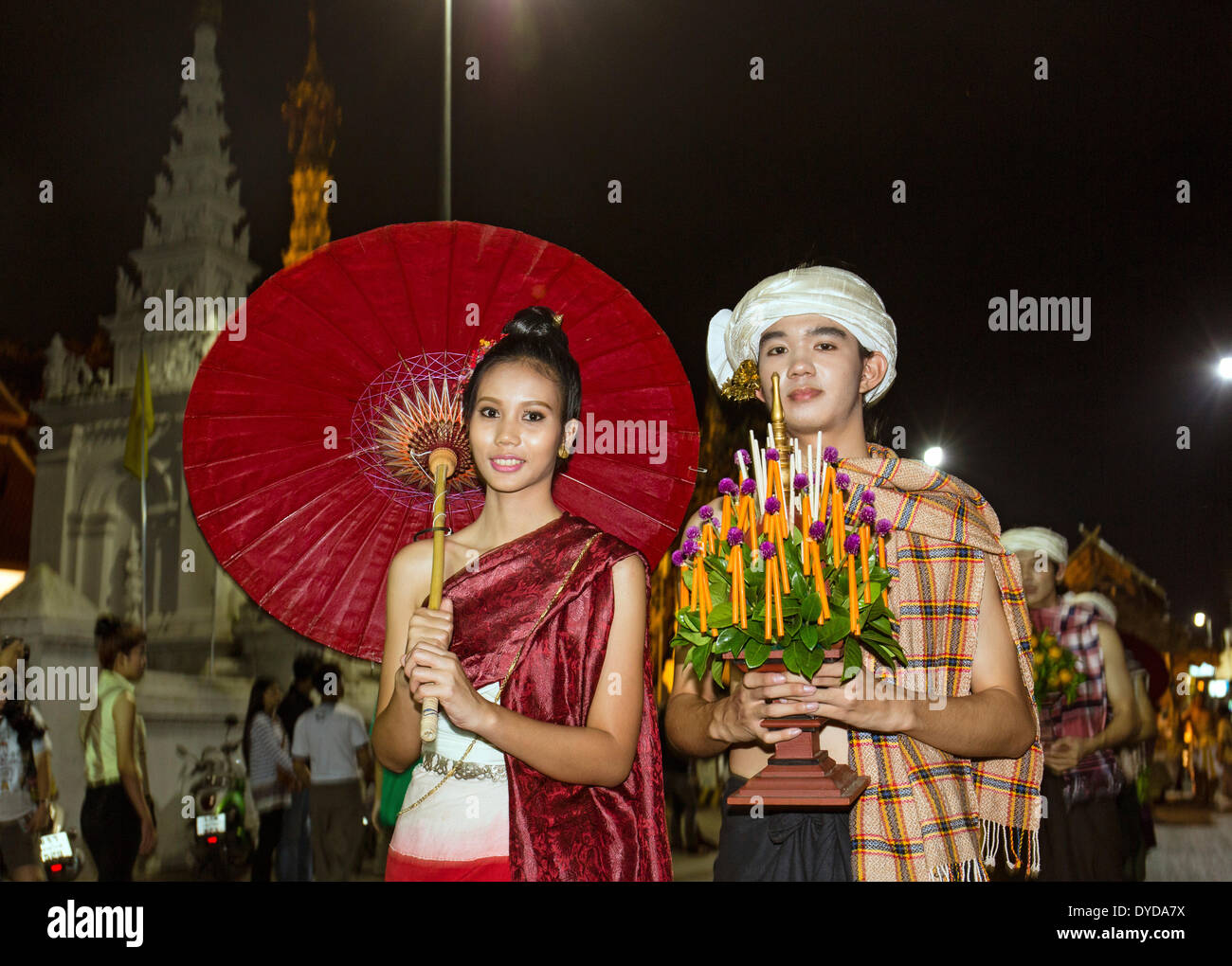 Couple in traditional costume, parade, Loi Krathong Festival of Lights, Loy, Chiang Mai, Northern Thailand, Thailand Stock Photo