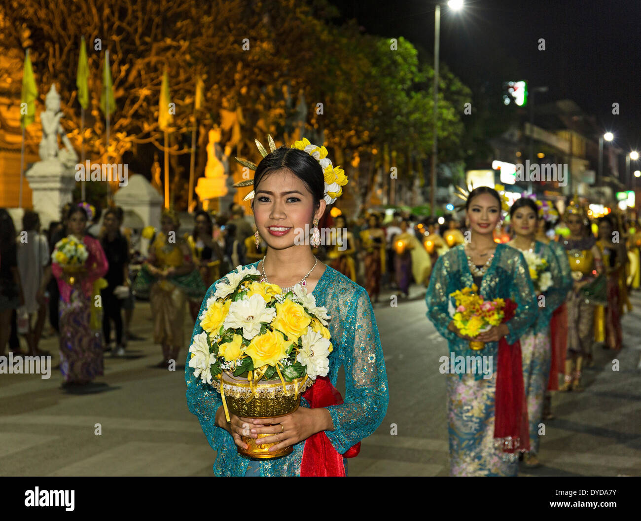 Women in traditional costume, parade, Loi Krathong Festival of Lights, Loy, Chiang Mai, Northern Thailand, Thailand Stock Photo