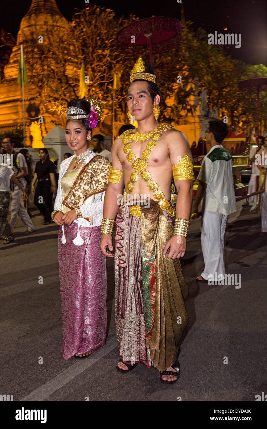 Couple in traditional costume, parade, Loi Krathong Festival of Lights, Loy, Chiang Mai, Northern Thailand, Thailand Stock Photo