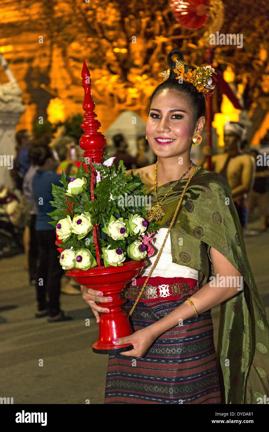 Young woman in traditional costume, parade, Loi Krathong Festival of Lights, Loy, Chiang Mai, Northern Thailand, Thailand Stock Photo