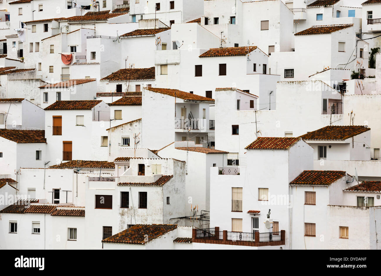 The White Town of Casares clings to a steep hillside, Málaga province, Andalusia, Spain Stock Photo