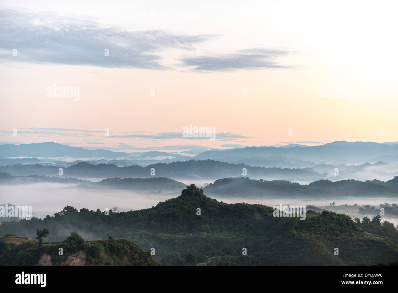 Landscape with mist, Mrauk U, Sittwe District, Rakhine State, Myanmar Stock Photo