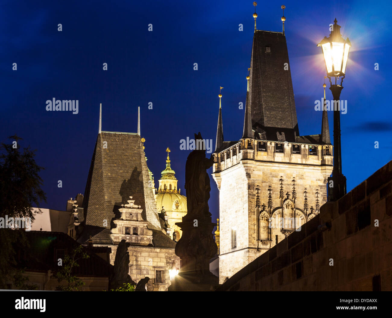 Twilight on Charles Bridge in Prague. Stock Photo