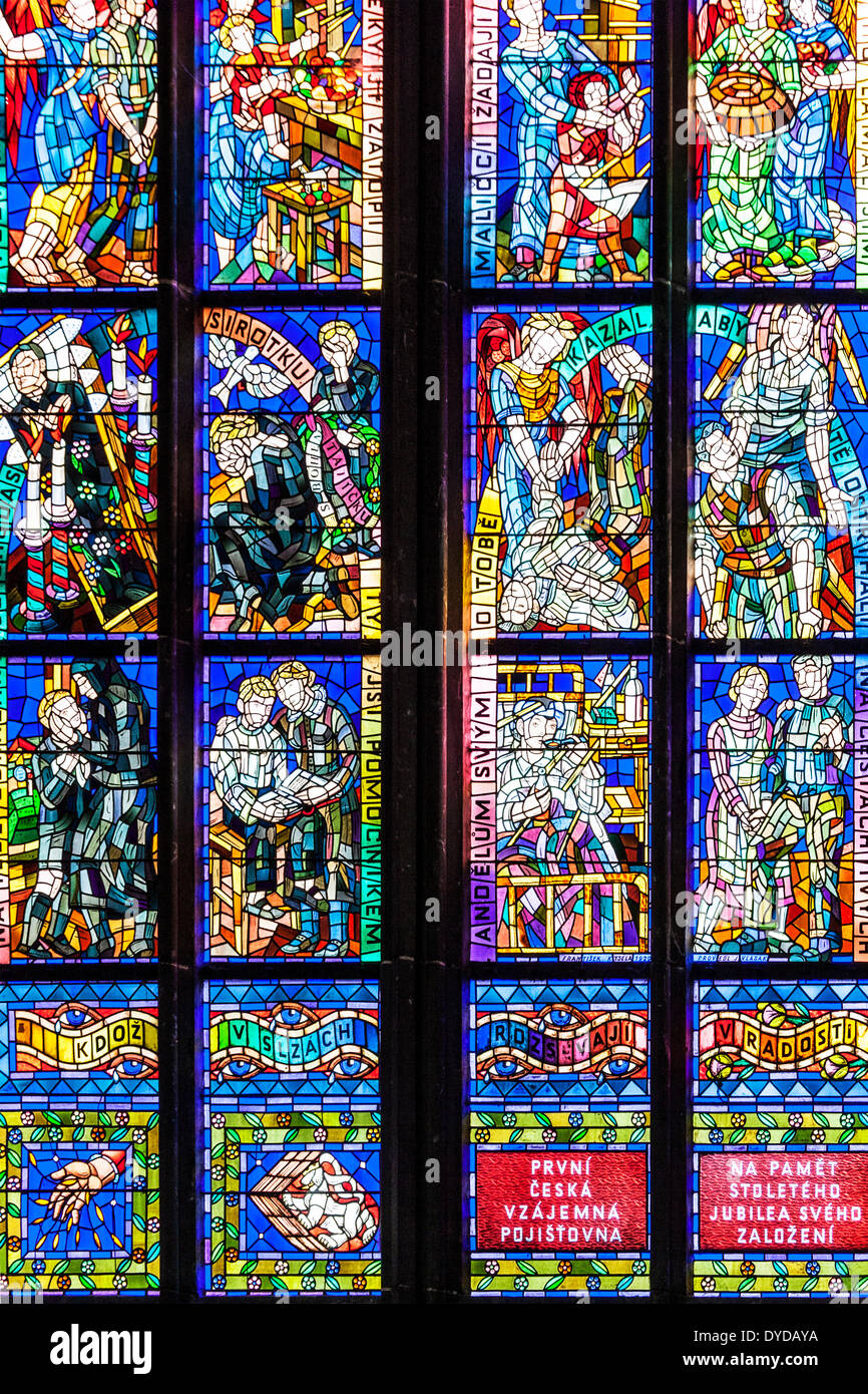 Stained glass window in St Vitus Cathedral in Prague. Stock Photo
