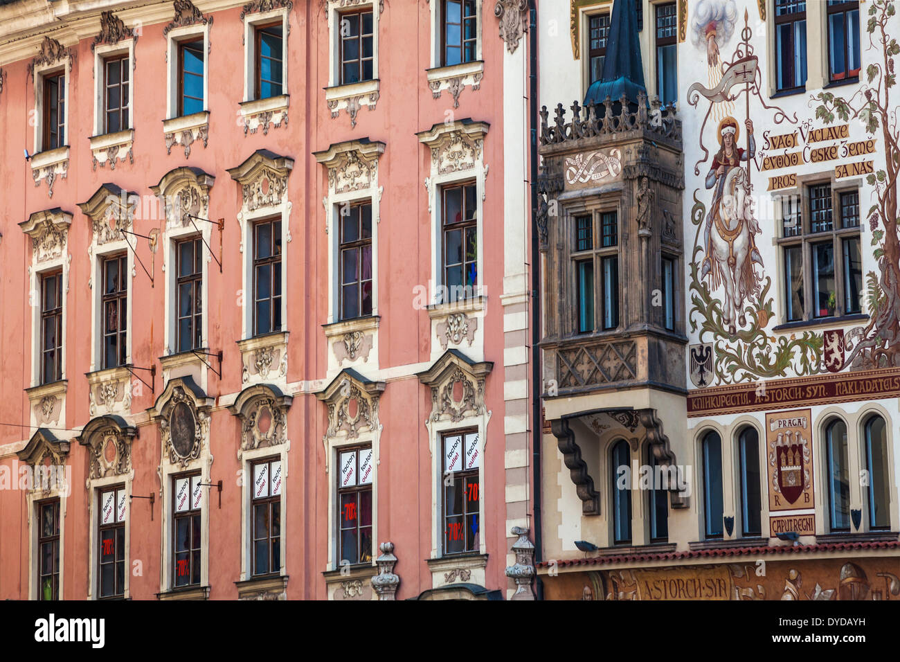 Storch House with mural of St Wenceslas in the Old Town Square in Prague. Stock Photo
