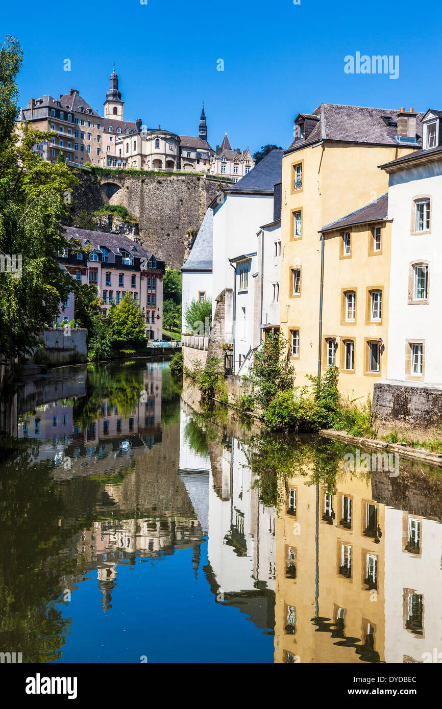 View towards the medieval Ville Haute from the River Alzette in the ...