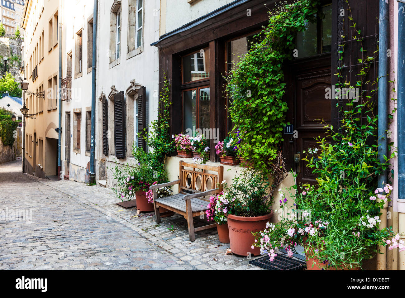 A pretty cobbled street in the Grund district of Luxembourg City. Stock Photo