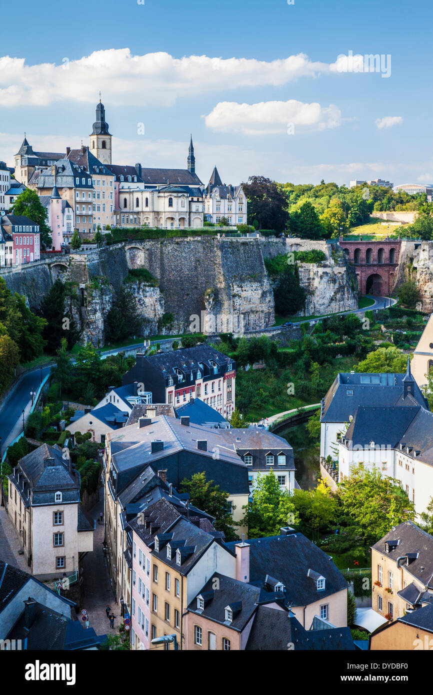 View towards the medieval Ville Haute and over the Ville Basse or Grund district of Luxembourg City. Stock Photo