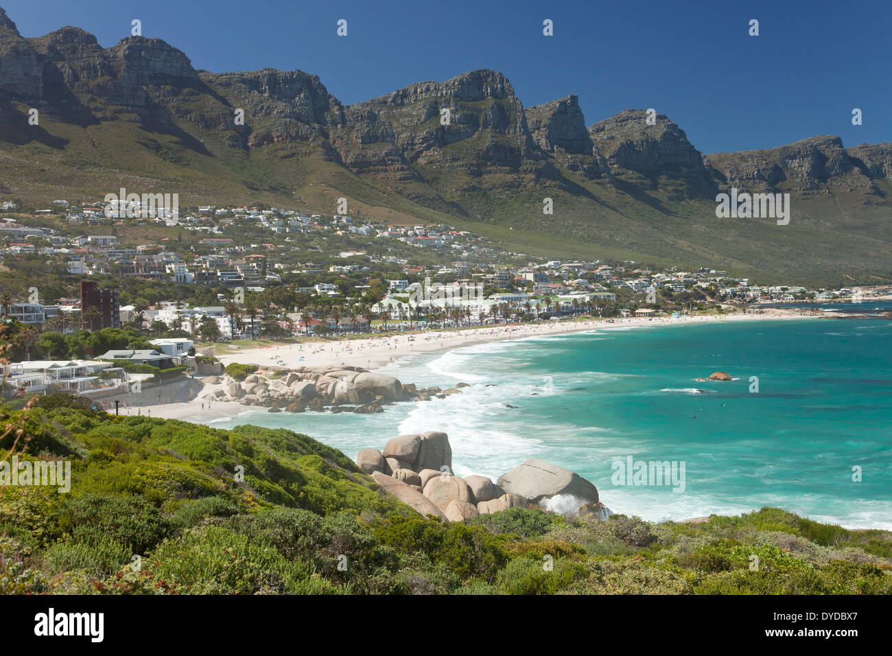 Twelve Apostles Mountain Range and Camps Bay Beach in Cape Town, Western Cape, South Africa Stock Photo