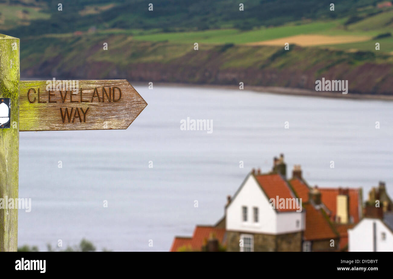 Waysign for the Cleveland Way as it passes Robin Hoods Bay. Stock Photo
