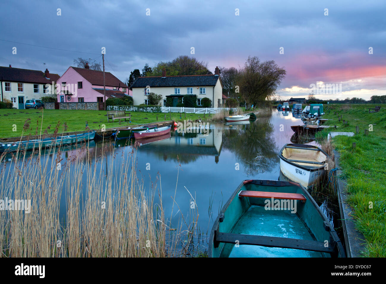 West Somerton Staithe on a stormy evening on the Norfolk Broads. Stock Photo