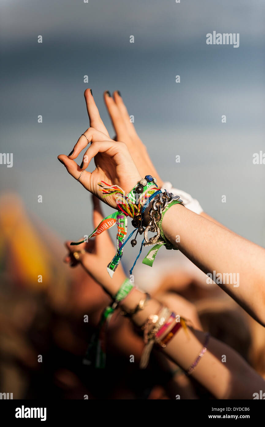 Gestures from the audience at the Brownstock Festival in Essex. Stock Photo